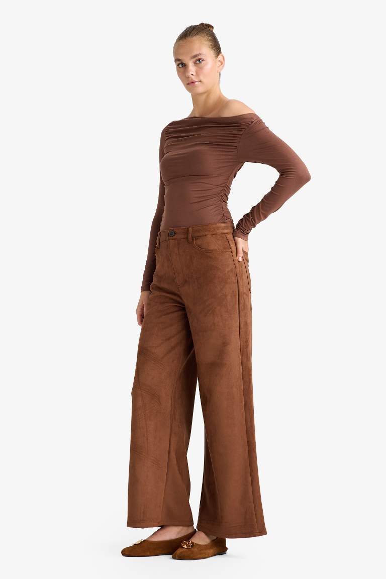 Straight Fit Fermuarlı Yüksek Bel Standart Boy Süet Pantolon