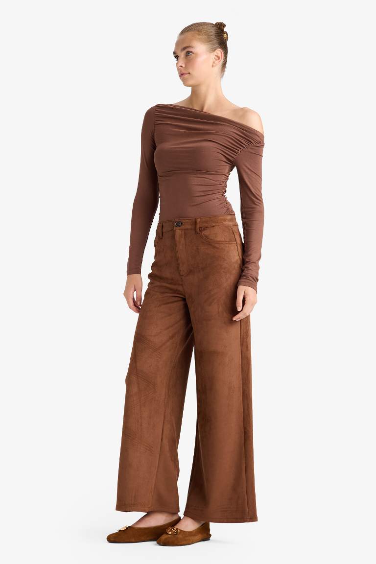 Straight Fit Fermuarlı Yüksek Bel Standart Boy Süet Pantolon