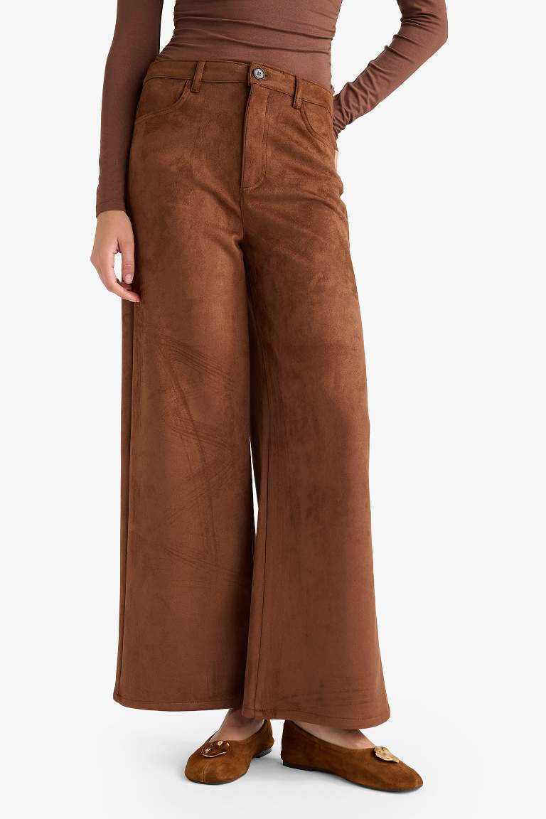 Straight Fit Fermuarlı Yüksek Bel Standart Boy Süet Pantolon