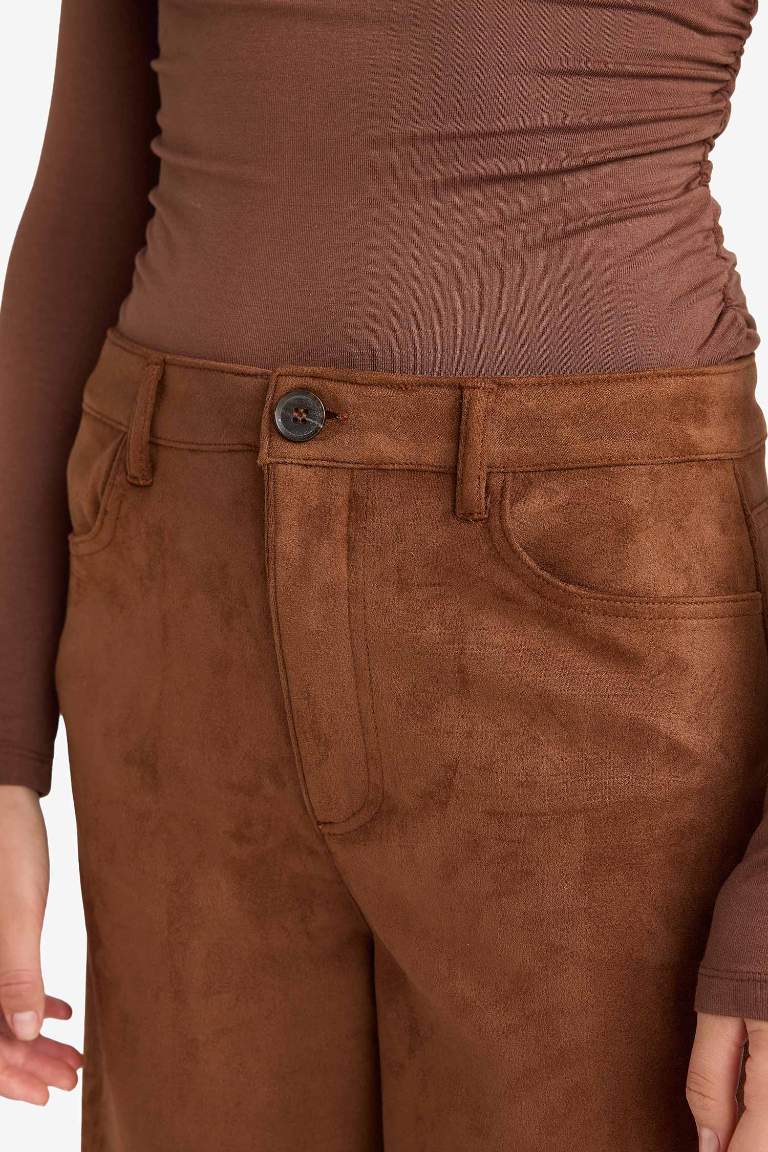 Straight Fit Fermuarlı Yüksek Bel Standart Boy Süet Pantolon