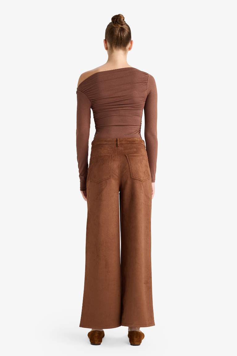 Straight Fit Fermuarlı Yüksek Bel Standart Boy Süet Pantolon