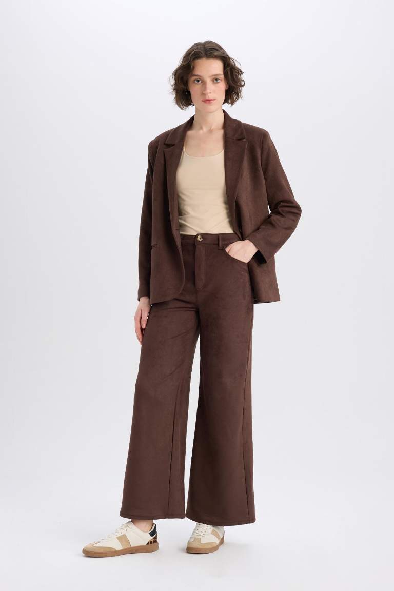 Straight Fit Zipper Suede Trousers