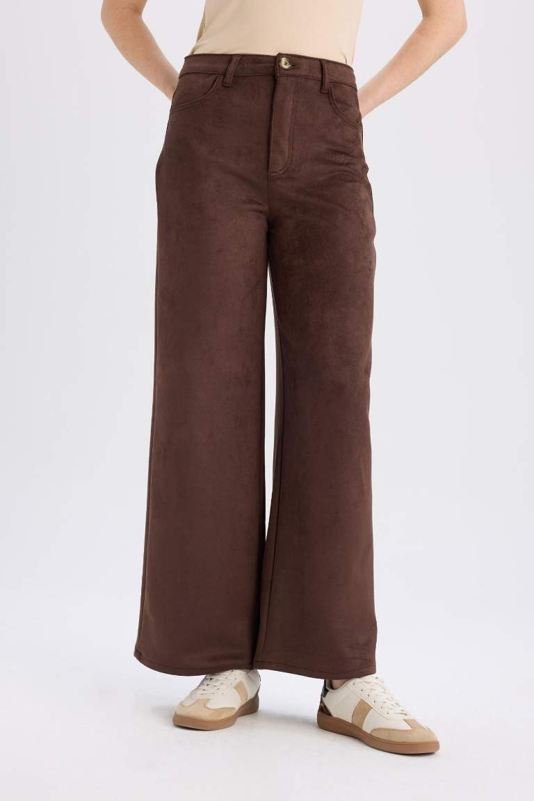 Pantalon en simili cuir droit à taille haute avec fermeture zip