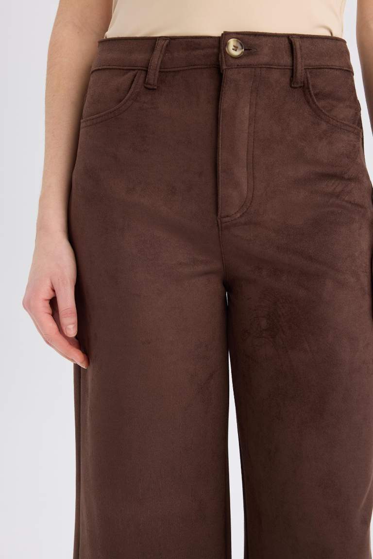 Pantalon en simili cuir droit à taille haute avec fermeture zip