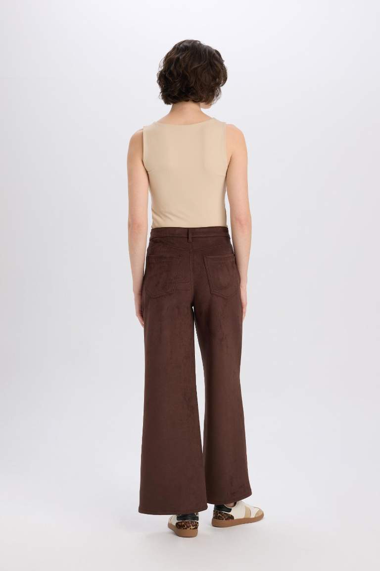 Pantalon en simili cuir droit à taille haute avec fermeture zip