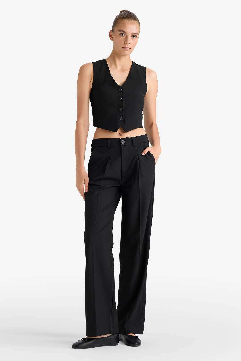 Wide Leg Fermuarlı Yüksek Bel Standart Boy Pantolon