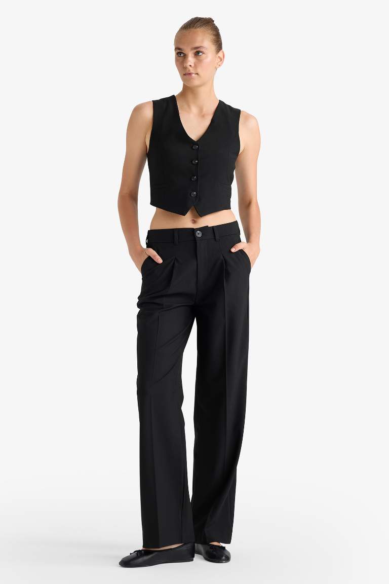 Wide Leg Fermuarlı Yüksek Bel Standart Boy Pantolon