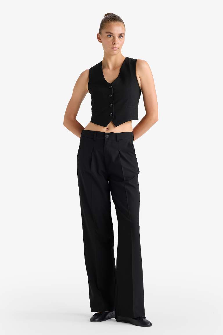 Wide Leg Fermuarlı Yüksek Bel Standart Boy Pantolon