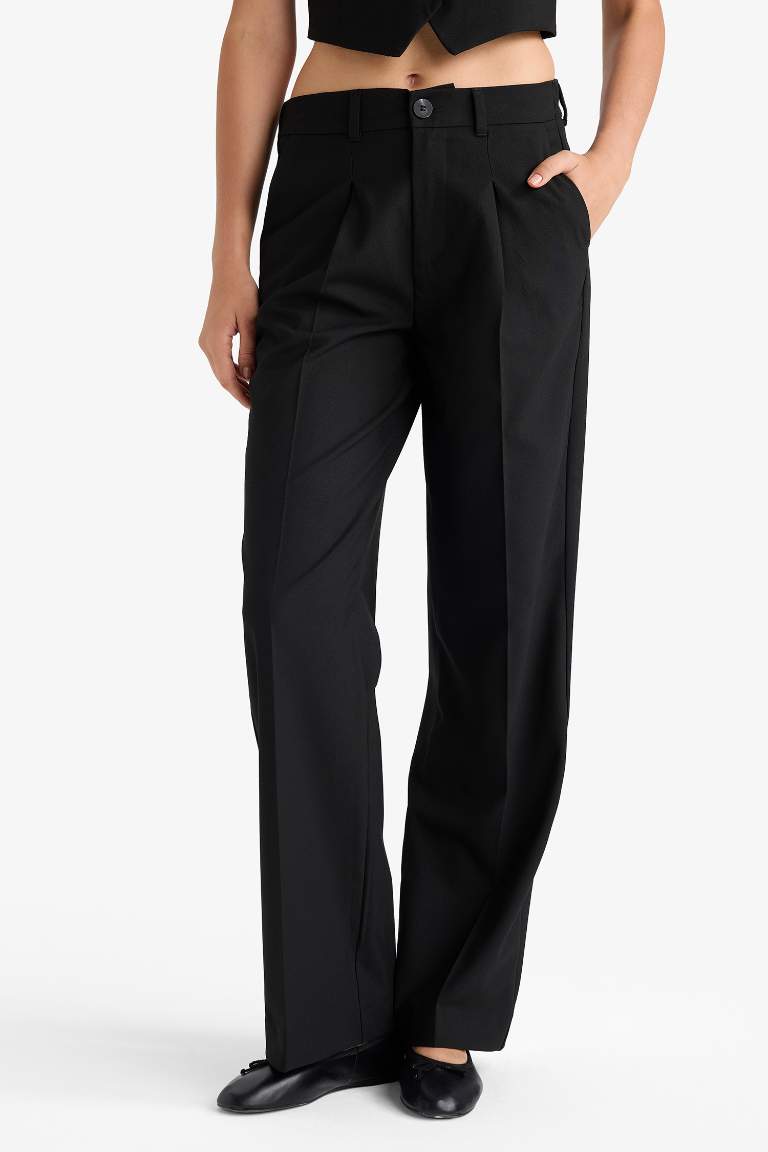 Wide Leg Fermuarlı Yüksek Bel Standart Boy Pantolon