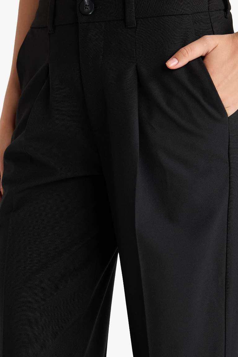 Wide Leg Fermuarlı Yüksek Bel Standart Boy Pantolon
