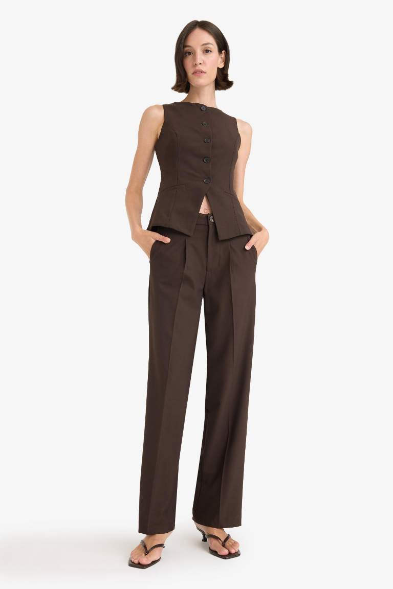 Wide Leg Fermuarlı Yüksek Bel Standart Boy Pantolon