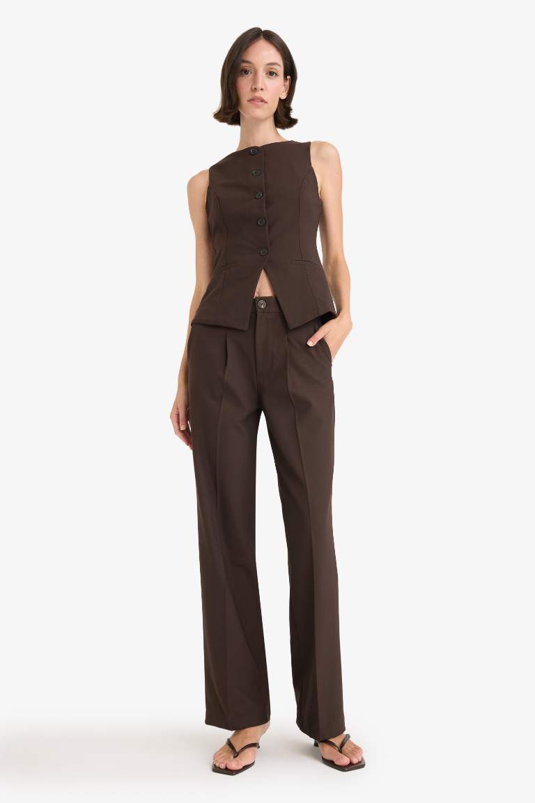Wide Leg Fermuarlı Yüksek Bel Standart Boy Pantolon