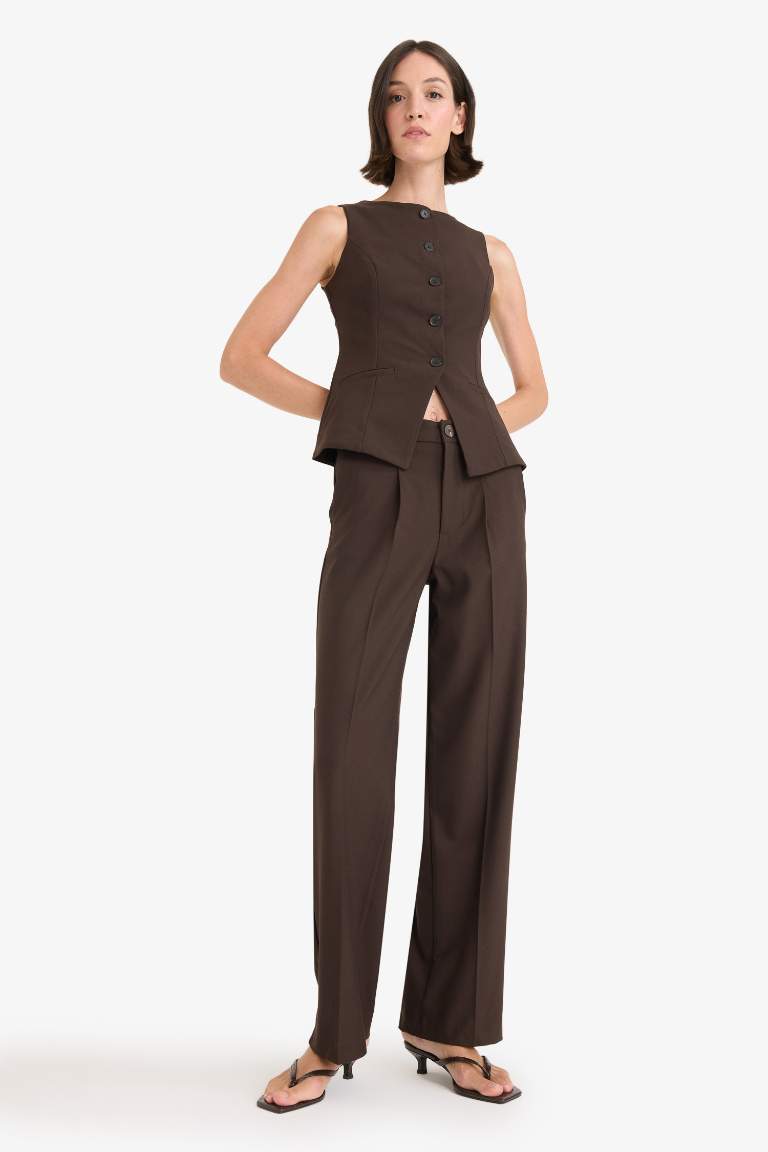 Wide Leg Fermuarlı Yüksek Bel Standart Boy Pantolon