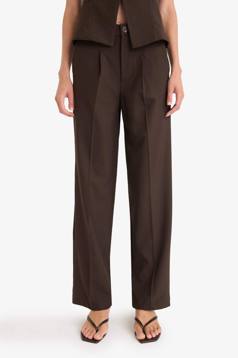 Wide Leg Fermuarlı Yüksek Bel Standart Boy Pantolon