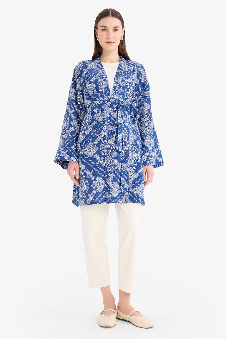 Relax Fit Crew Neck Patterned Viscose Kimono