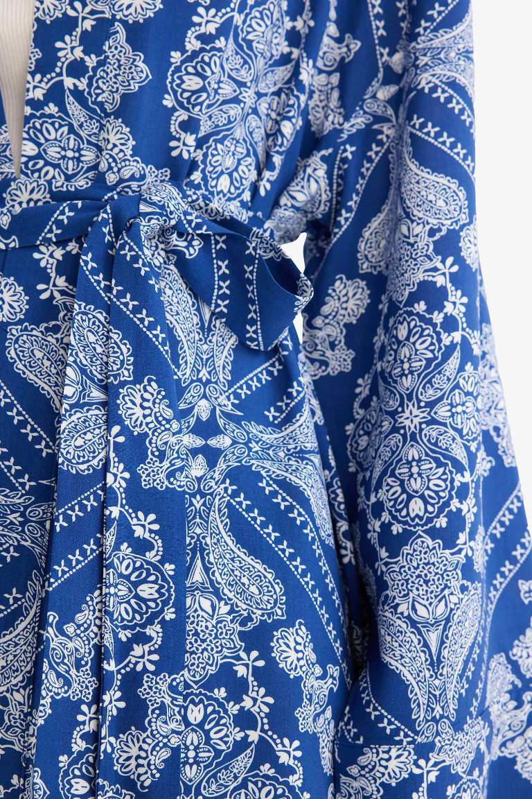 Relax Fit Crew Neck Patterned Viscose Kimono