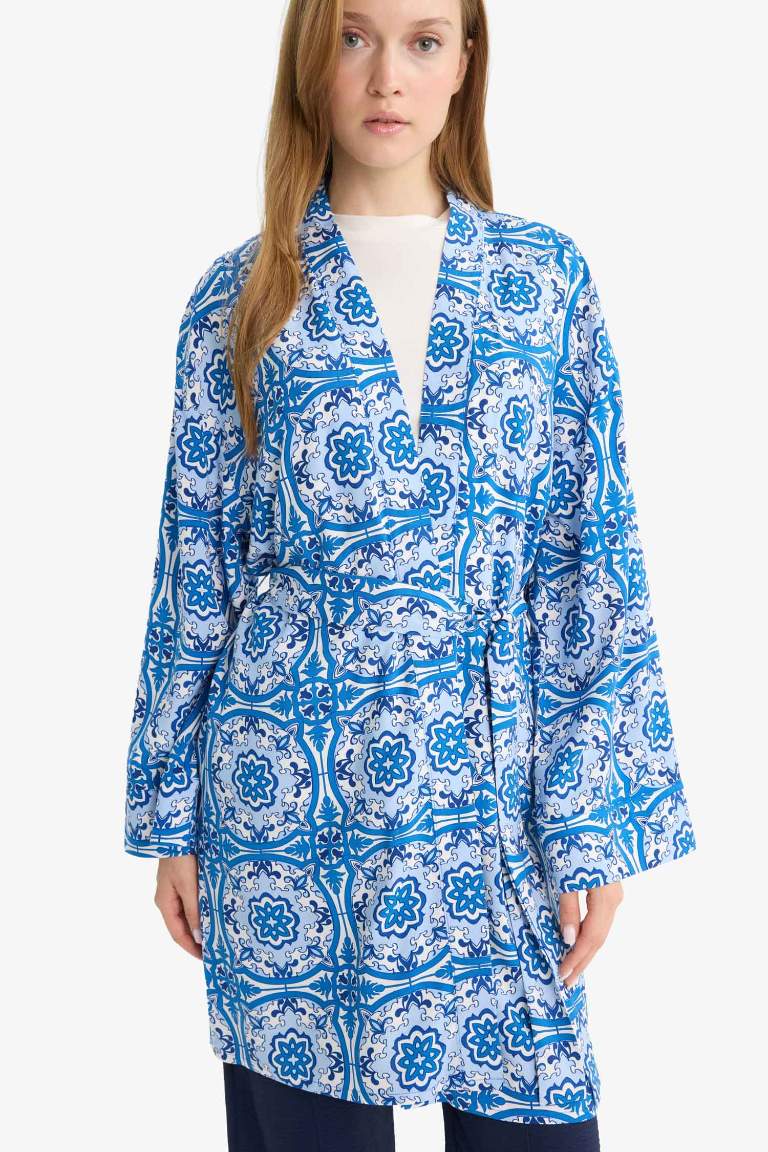 Relax Fit Bisiklet Yaka Desenli Viskon Kimono