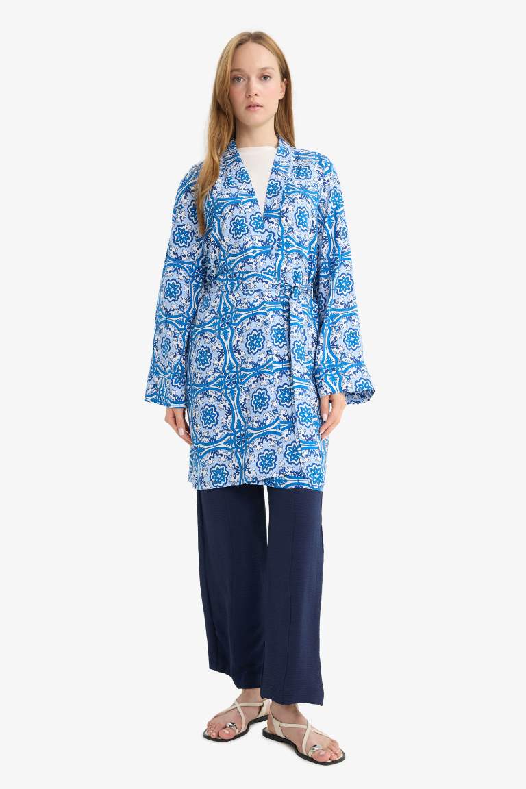 Relax Fit Bisiklet Yaka Desenli Viskon Kimono