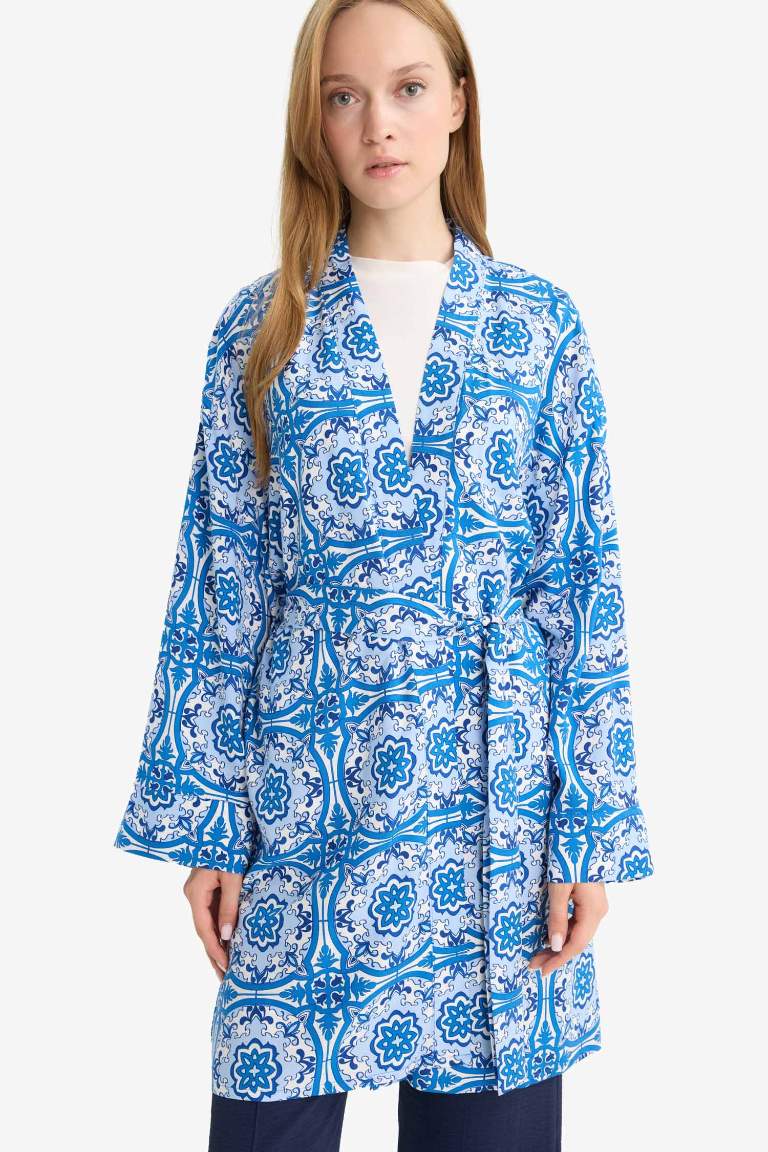 Relax Fit Bisiklet Yaka Desenli Viskon Kimono