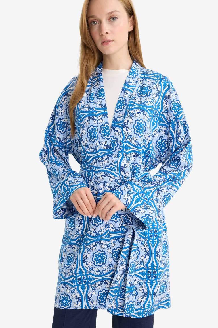 Relax Fit Bisiklet Yaka Desenli Viskon Kimono