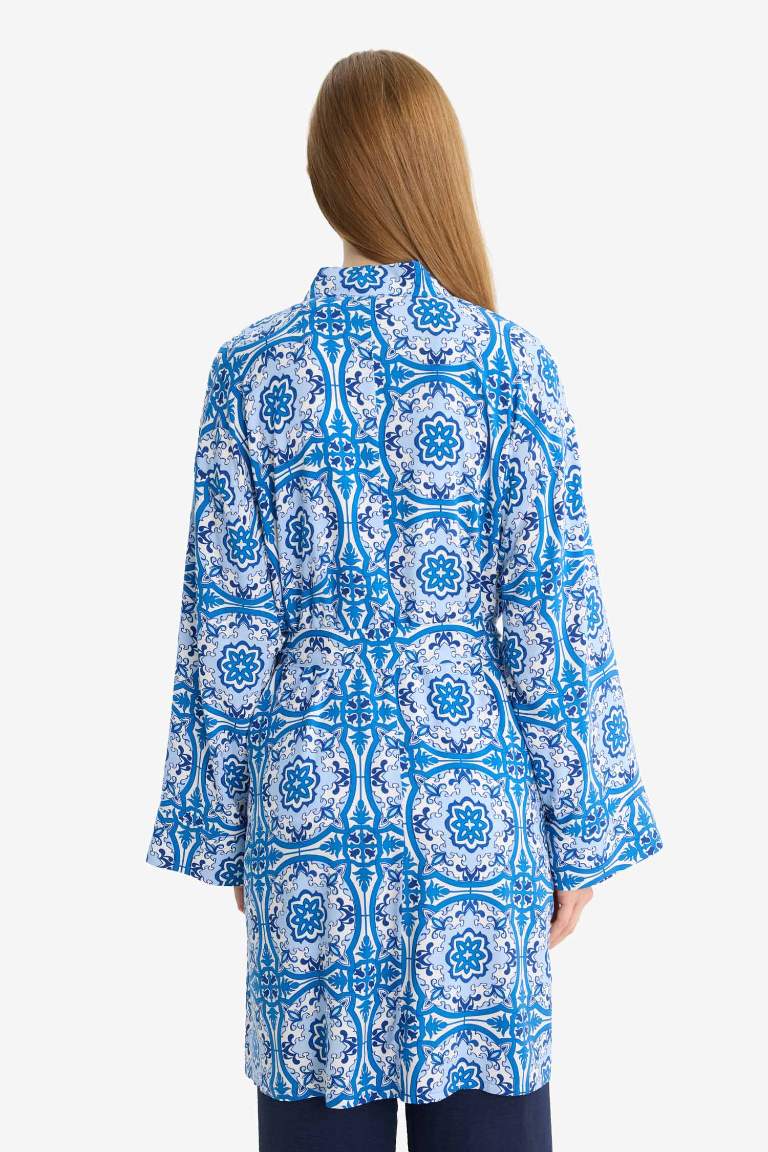 Relax Fit Bisiklet Yaka Desenli Viskon Kimono