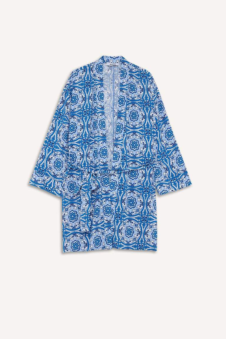 Relax Fit Bisiklet Yaka Desenli Viskon Kimono