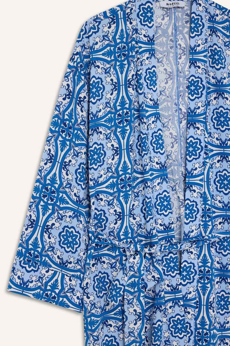 Relax Fit Bisiklet Yaka Desenli Viskon Kimono