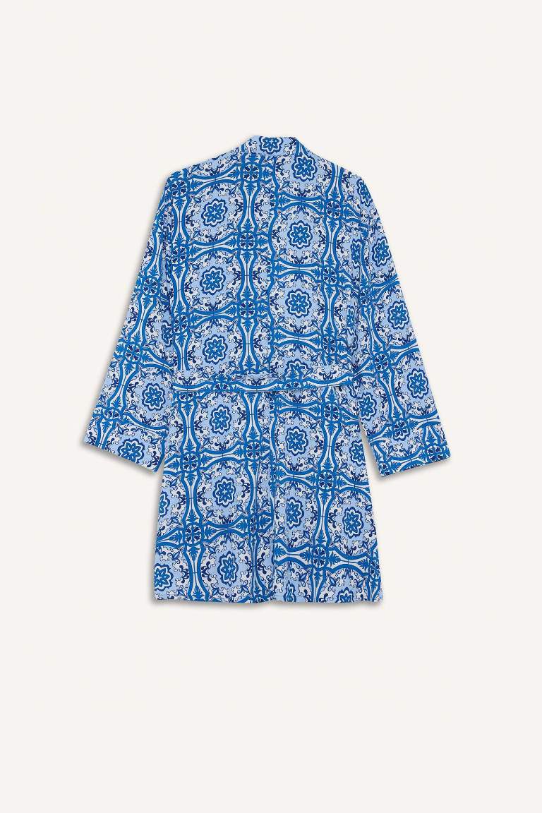 Relax Fit Bisiklet Yaka Desenli Viskon Kimono