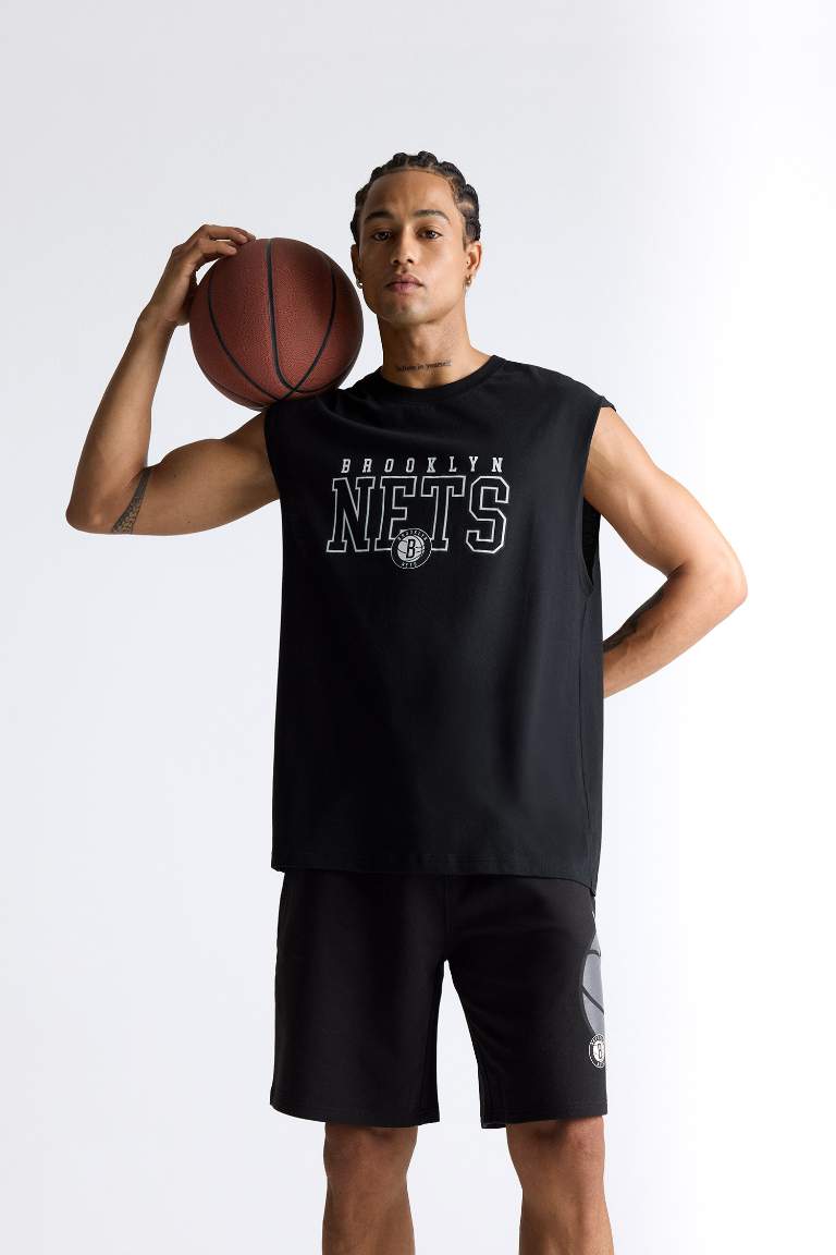 %100 Pamuk DeFactoFit NBA Brooklyn Nets Oversize Geniş Kalıp Bisiklet Yaka Atlet