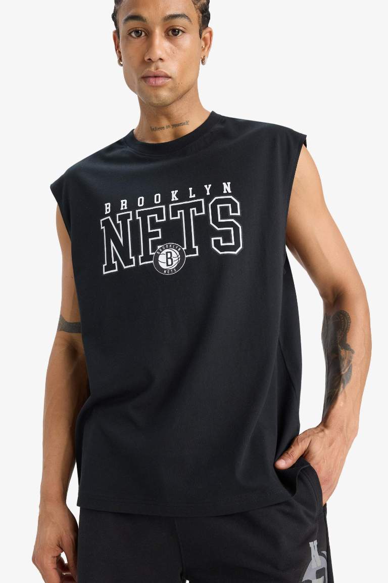 %100 Pamuk DeFactoFit NBA Brooklyn Nets Oversize Geniş Kalıp Bisiklet Yaka Atlet