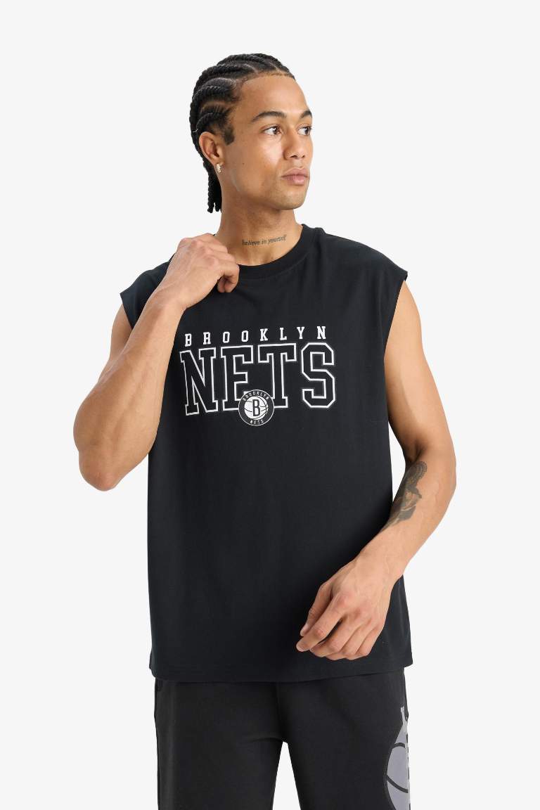%100 Pamuk DeFactoFit NBA Brooklyn Nets Oversize Geniş Kalıp Bisiklet Yaka Atlet