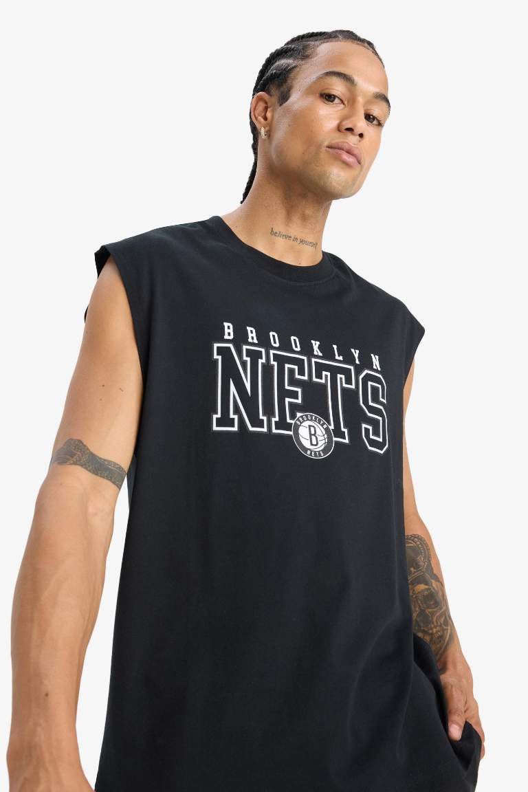 %100 Pamuk DeFactoFit NBA Brooklyn Nets Oversize Geniş Kalıp Bisiklet Yaka Atlet