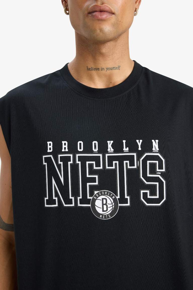 %100 Pamuk DeFactoFit NBA Brooklyn Nets Oversize Geniş Kalıp Bisiklet Yaka Atlet