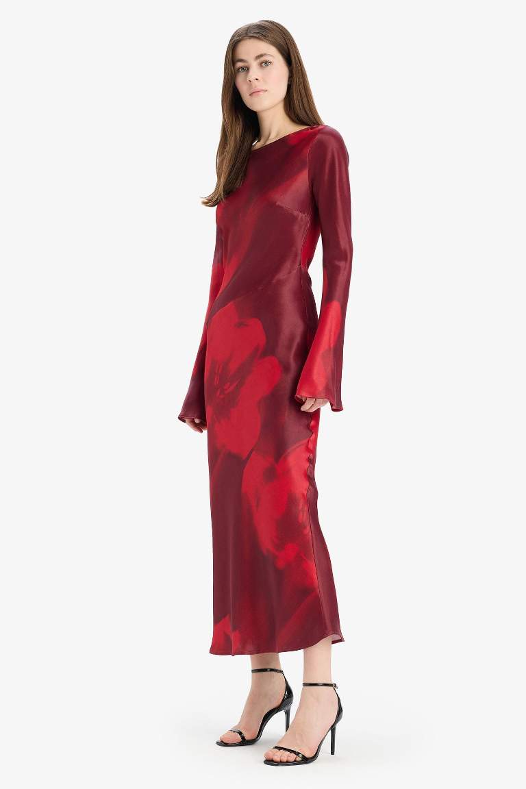 Crew Neck Batic Satin Maxi Dress