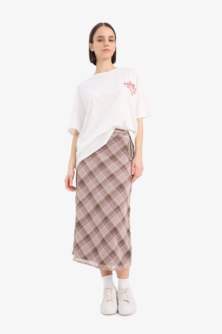 A Cut Checked Normal Waist Cotton Lining Chiffon Midi Skirt