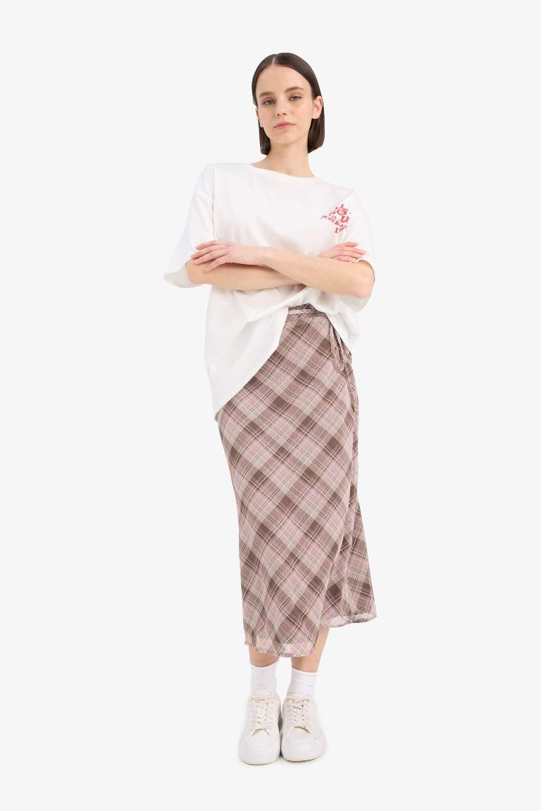 A Cut Checked Normal Waist Cotton Lining Chiffon Midi Skirt