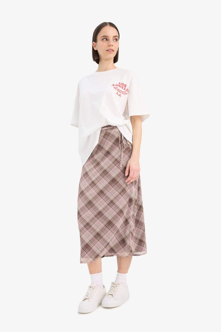 A Cut Checked Normal Waist Cotton Lining Chiffon Midi Skirt