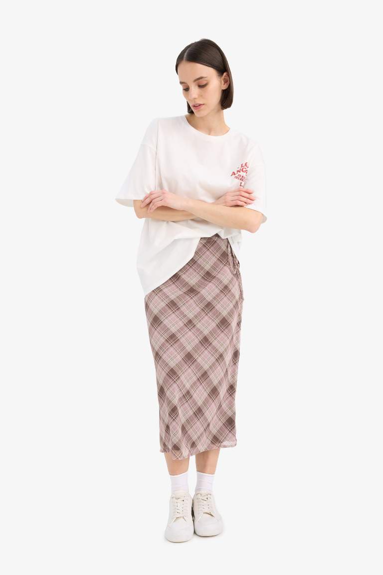 A Cut Checked Normal Waist Cotton Lining Chiffon Midi Skirt