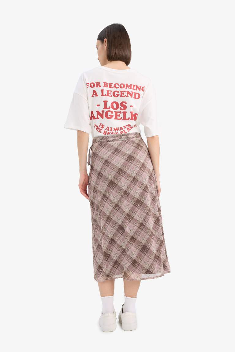 A Cut Checked Normal Waist Cotton Lining Chiffon Midi Skirt