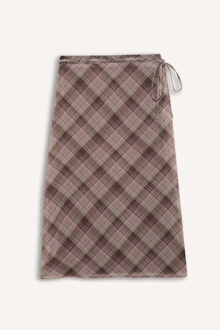 A Cut Checked Normal Waist Cotton Lining Chiffon Midi Skirt