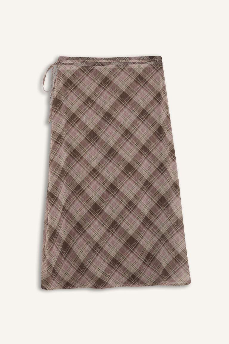 A Cut Checked Normal Waist Cotton Lining Chiffon Midi Skirt