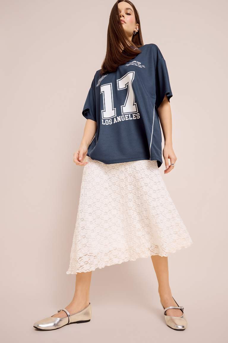 A Form Normal Waist Combed Cotton Lining Lace Midi Skirt