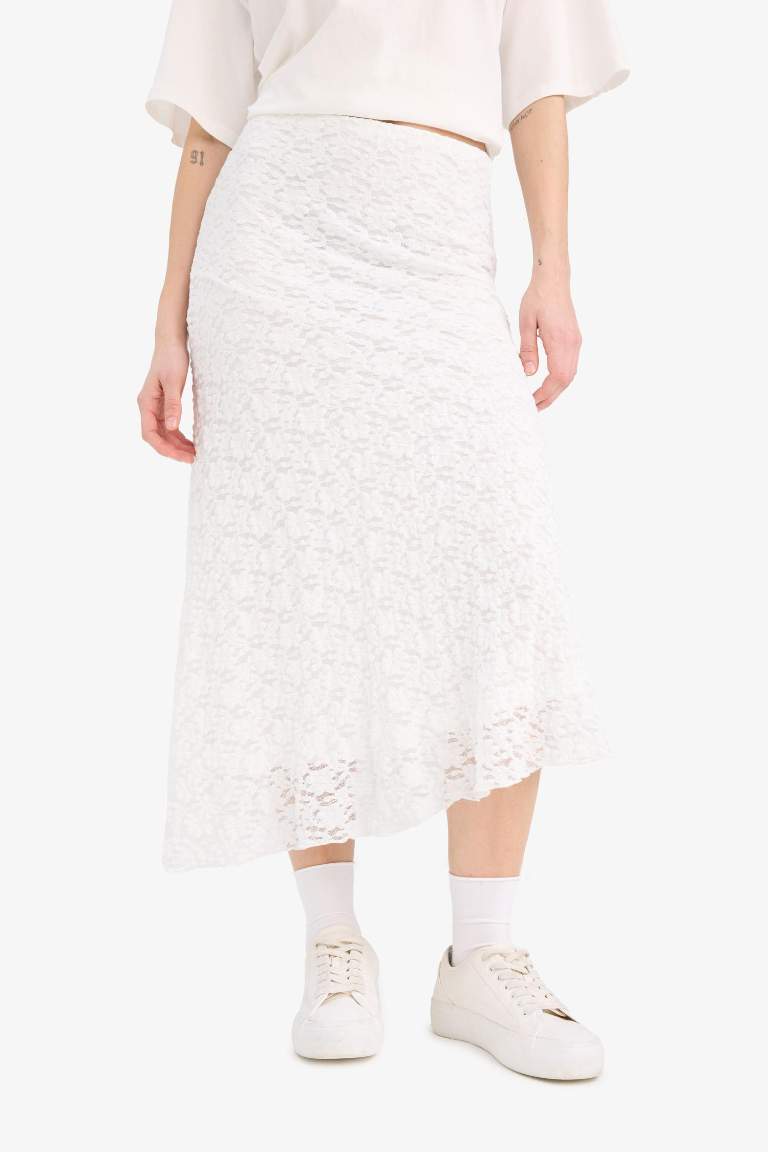 A Form Normal Waist Combed Cotton Lining Lace Midi Skirt