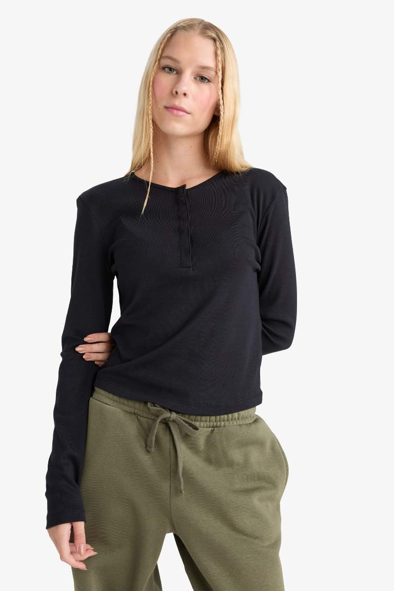 Coool Fitted Düğmeli Yaka Ribana Uzun Kollu Tişört