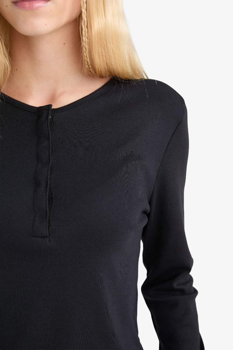 Coool Fitted Düğmeli Yaka Ribana Uzun Kollu Tişört