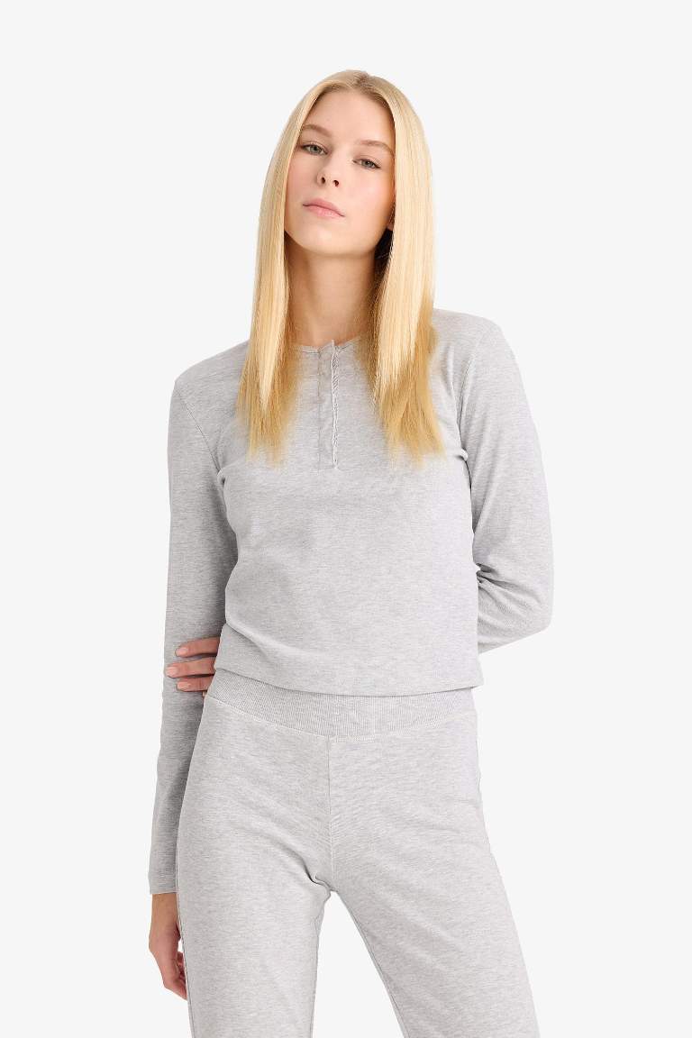 Coool Fitted Düğmeli Yaka Ribana Uzun Kollu Tişört