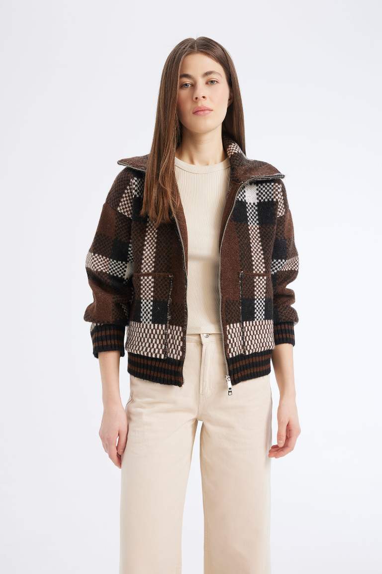 Regular Fit Polo Collar Plaid Cardigan