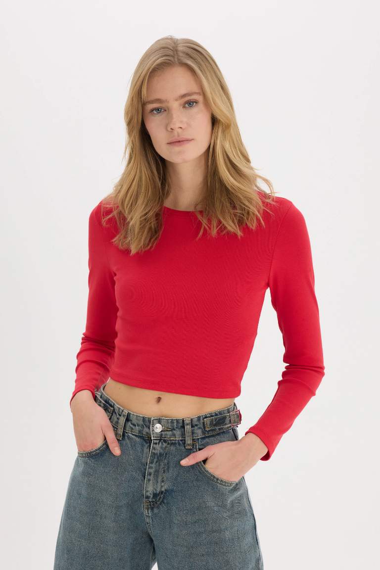 Fitted Basic Ribbed Long Sleeve Red T-Shirt