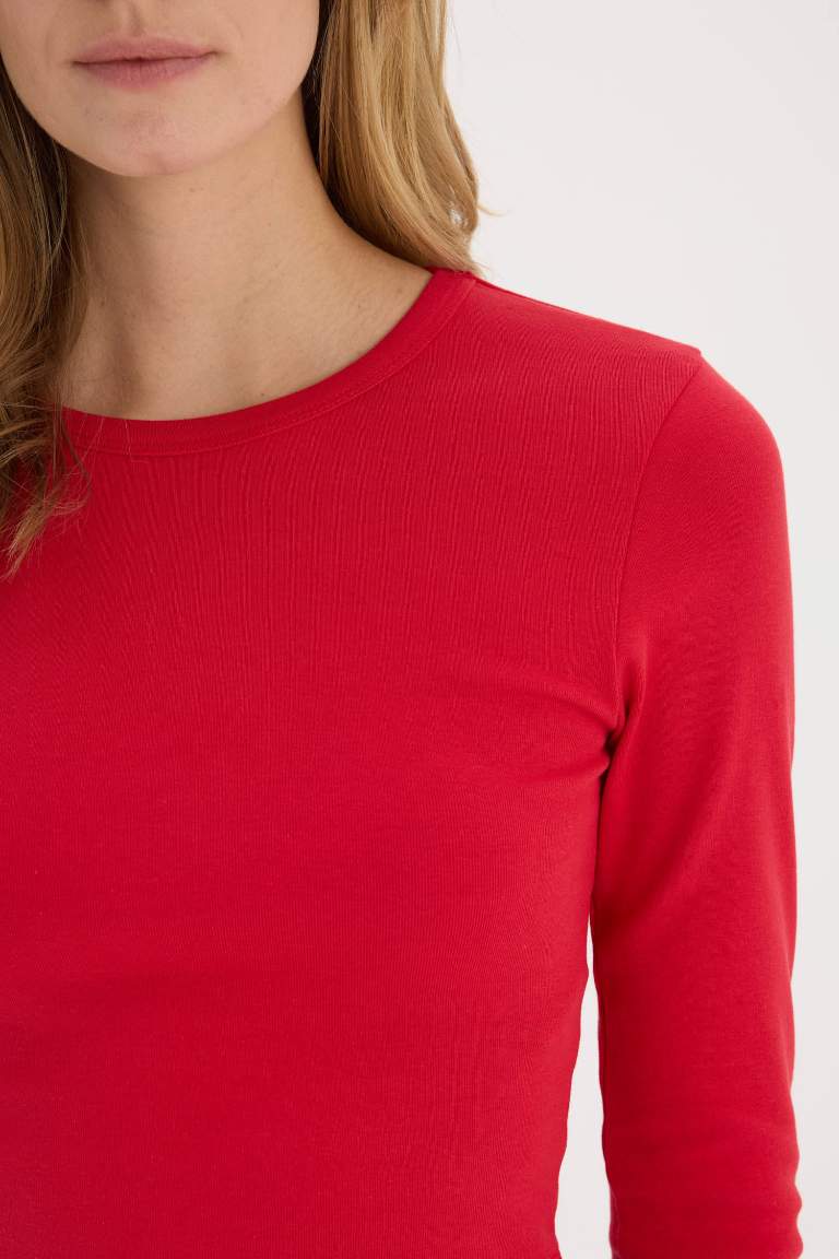 Fitted Basic Ribbed Long Sleeve Red T-Shirt