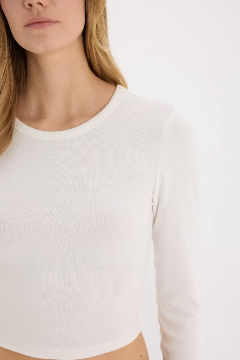 Fitted Basic Ribbed Long Sleeve White T-Shirt